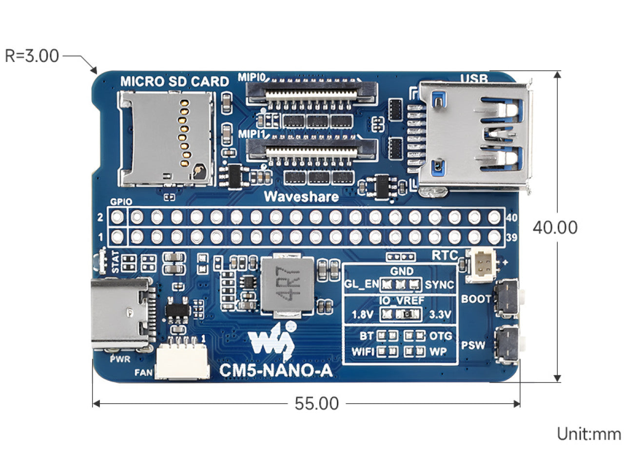 Waveshare CM5-NANO-A Expansion Board for Compute Module 5 (55x41mm) Waveshare Electronics