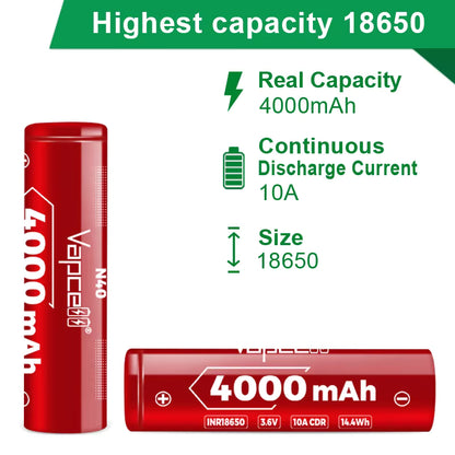 Vapcell F40 / Epoch 18650 Ultra-High Capacity Li-ion Battery (4000mAh, 10A, Flat Top 3.7V) RC-LIFE